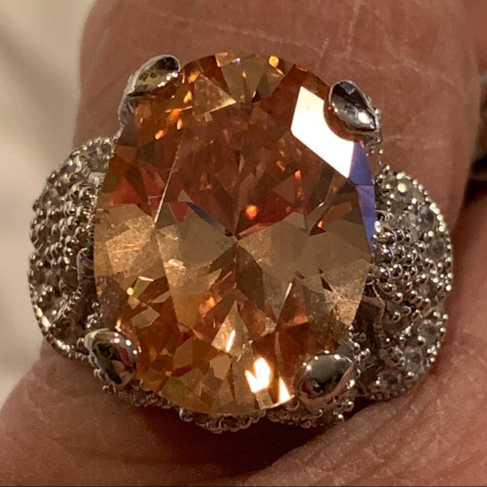 Sterling Silver created yellow topaz &CZ ring